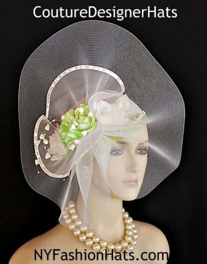 Ladies Art Deco 1920's Styled Custom Made White And Lime Green Designer Cocktail Pillbox Wedding Church Hat Headpiece