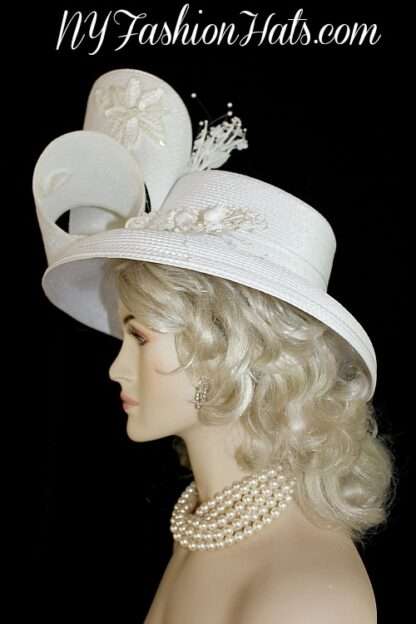 White Couture Bridal Wedding Hat Brides Headpiece Church Designer Hats - Image 4