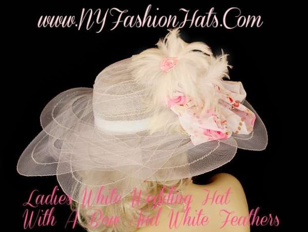 Women's White Wide Brim Chiffon Bow Kentucky Derby Hat NY Fashion Hats - Image 2