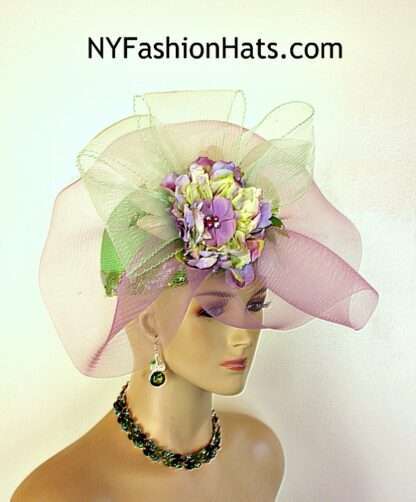 Womens Custom Lime Green Purple Lavender Statement Designer Church Wedding Pillbox Round Crown Shaped Hat