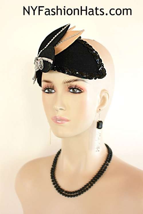 Women's Art Deco 1920's Flapper Winter Wool Black Tan Metallic Silver Cocktail Hat Wedding Fascinator Headpiece - Image 3