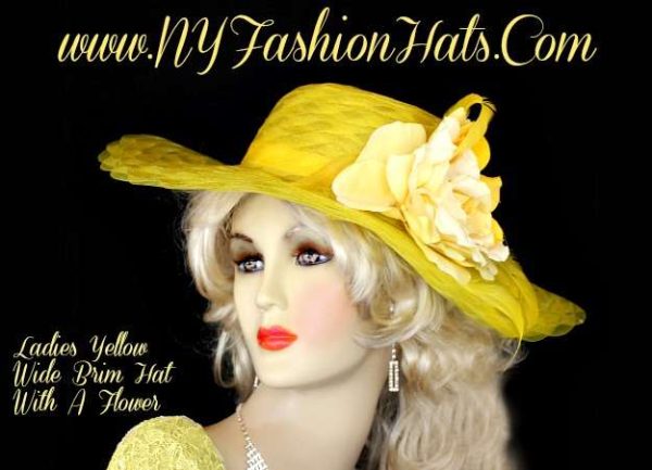 Women's Yellow Designer Custom Hat With A Rose NY Fashion Hats YR45