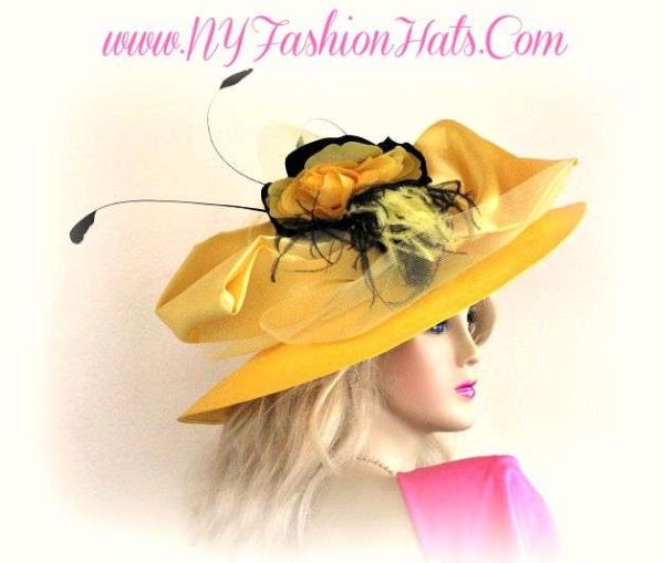 Ladies Lemon Yellow Black Wide Brim Hat With Roses Designer Hats TG9 - Image 2