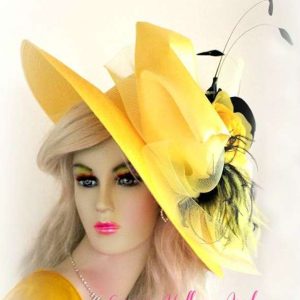 Ladies Lemon Yellow Black Wide Brim Hat With Roses Designer Hats TG9